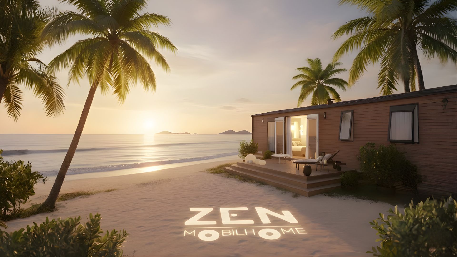 Mobil-home moderne Zen Mobilhome sur une plage de sable blanc au coucher du soleil avec palmiers.