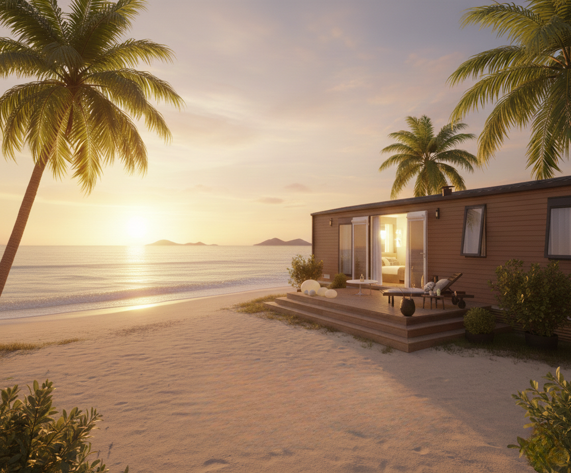 Mobil-home moderne en bois avec terrasse éclairée, situé sur une plage de sable blanc bordée de palmiers face à un coucher de soleil sur l'océan.