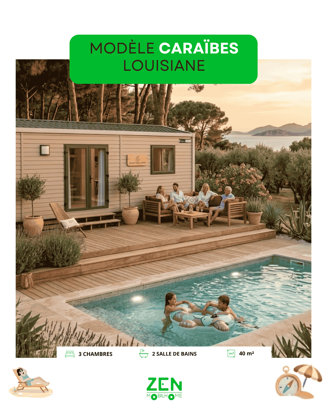Annonce mobil-home d'occasion Trigano modèle Evo 35, version 3 chambres de 36 m² avec bardage bois vertical, installé sur une terrasse en bois aménagée au bord d'une piscine avec un groupe de personnes.