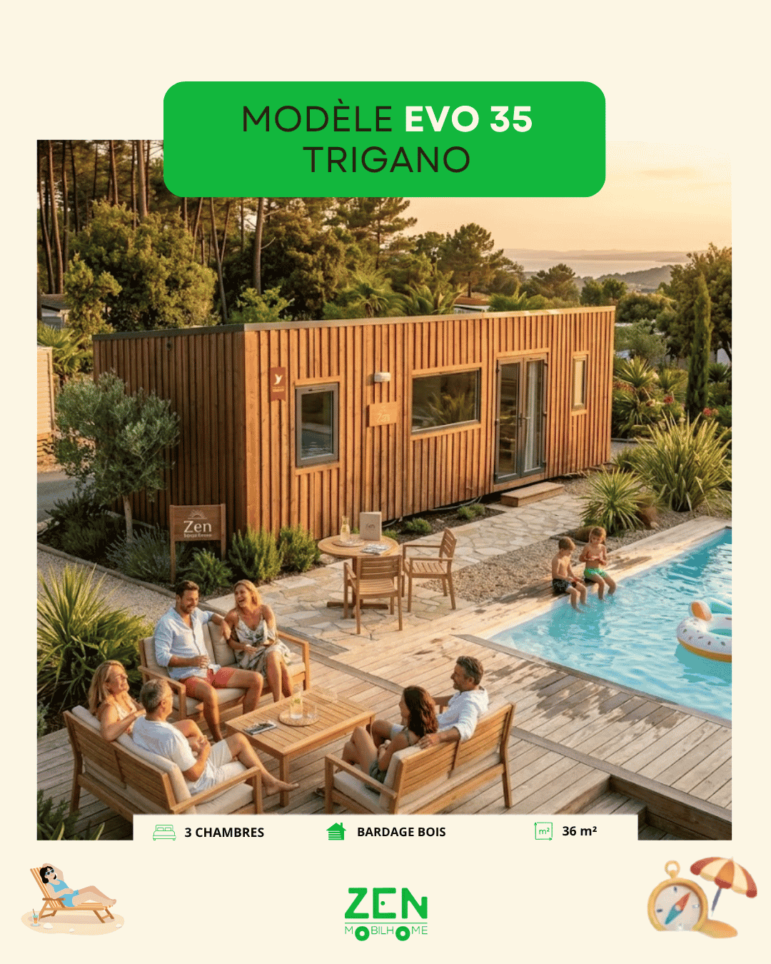 Mobil Home Occasion Trigano Evo 35 3 Chambres Bardage Bois Terrasse Piscine Annonce mobil-home d'occasion Trigano modèle Evo 35, version 3 chambres de 36 m² avec bardage bois vertical, installé sur une terrasse en bois aménagée au bord d'une piscine avec un groupe de personnes.