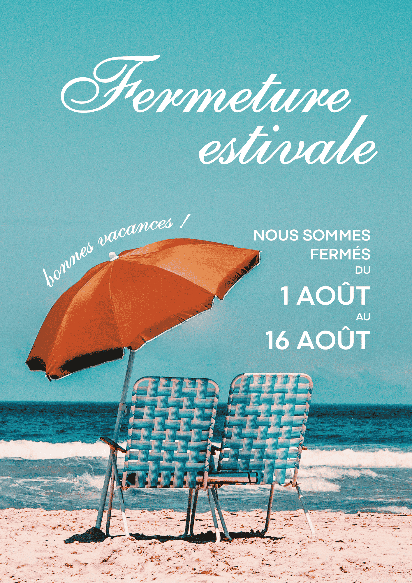 Affiche Fermeture Vacances Minimaliste Élégant Bleu et Orange AFFICHE DÉPART EN VACANCE ÉTÉ