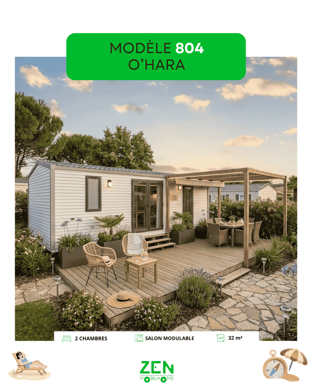 804 O’HARA Annonce mobil-home d'occasion Trigano modèle Evo 35, version 3 chambres de 36 m² avec bardage bois vertical, installé sur une terrasse en bois aménagée au bord d'une piscine avec un groupe de personnes.