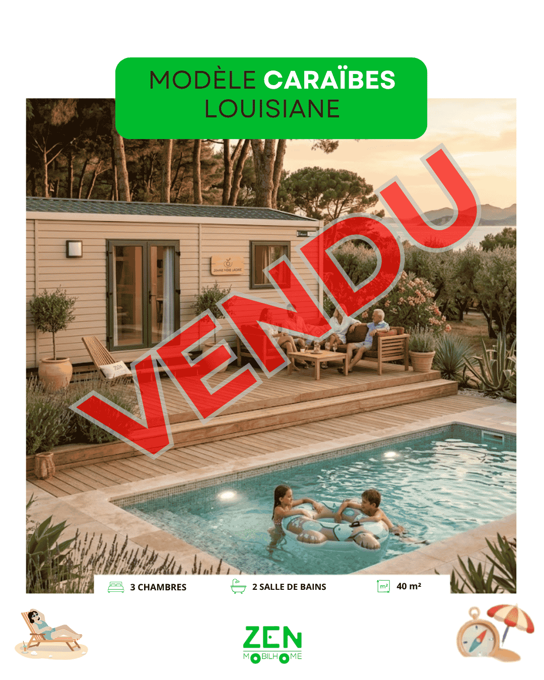 Caraïbes louisiane Annonce mobil-home d'occasion Trigano modèle Evo 35, version 3 chambres de 36 m² avec bardage bois vertical, installé sur une terrasse en bois aménagée au bord d'une piscine avec un groupe de personnes.